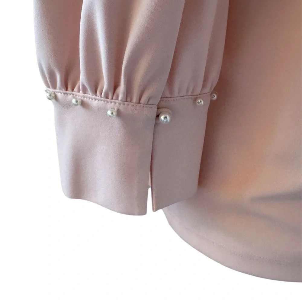 Karl Lagerfeld V Neck Blush Pink Blouse with Pearls